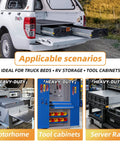 Rock Solid Heavy Duty Full Extension Drawer Slides With Lock 470 Lb Side Mount Ball Bearing Rails shown in truck bed storage.