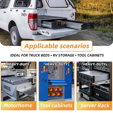 Rock Solid Heavy Duty Full Extension Drawer Slides With Lock 470 Lb Side Mount Ball Bearing Rails shown in truck bed storage.