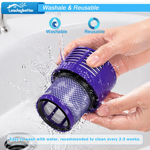 Hands rinsing Dyson V10 Vacuum Filter Replacements 2 Pack With Cleaning Brush For V10 Cyclone Series in sink