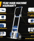 Electric stair climber hand truck with blue battery pack and aluminum frame, side view