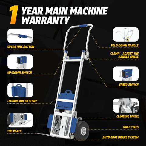 Electric stair climber hand truck with blue battery pack and aluminum frame, side view