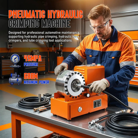 Hot Shot Hydraulic Hose Crimper, Electric High Pressure Machine With 8 Interchangeable Dies For 3/8 To 1 1/4 Inch Hoses And Auto Ac Pipes, Reliable 110V Crimping Tool in a workshop setting.