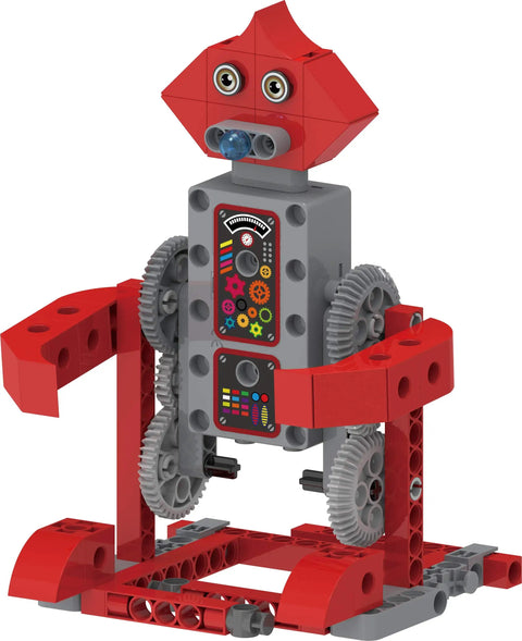 Red motorized robot model from Hands On Robot Factory STEM Kit For Kids Ages Five And Up Build Eight Motorized Robots With A Storybook Guide.