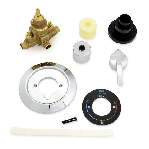 Temp-Gard I Shower Only Valve With Lever Handles, Pressure-Balanced Brass Shower Valve With Maximum Temperature Limit Stop, parts shown