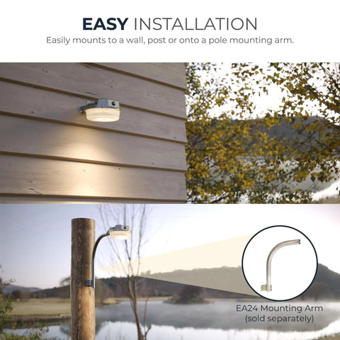 Outdoor Dusk To Dawn LED Security Area Light 2000 Lumens wall and pole mount demonstration on a building and pole