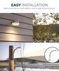 Outdoor Dusk-To-Dawn LED Security Area Light With 4000 Lumens mounted on wall and pole, textured gray die-cast aluminum.