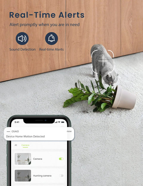 Cat toppling plant with smartphone app alert, showcasing Indoor Pet Camera For Home, Baby Monitor And Dog Camera With Night Vision.