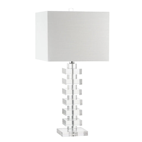 28 Inch Clear Geometric Stacked Crystal Table Lamp With White Linen Shade Modern Glam Bedside Light For Living Room Or Bedroom LED Bulb Included ETL Listed
