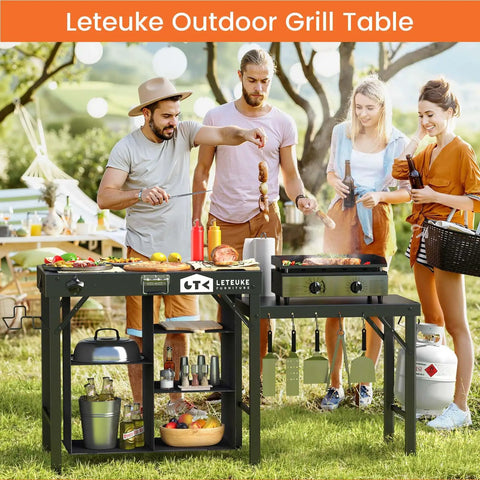 Portable Grill Table For Blackstone Griddle And Ninja Fits Foldable Prep Table with food and drinks in outdoor setting