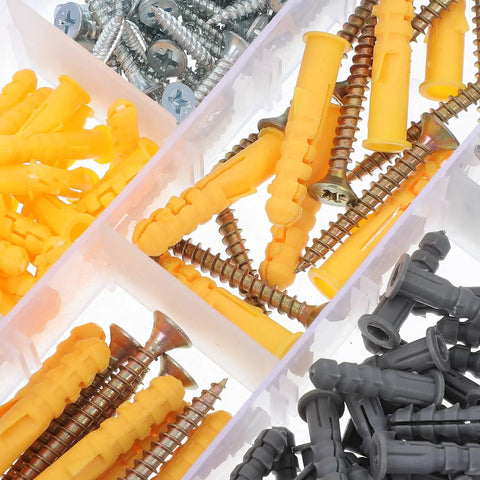 Heavy Duty Wall Anchors Kit with Rubber Expansion Plugs and Self Tapping Screws for Drywall Concrete and Hollow Doors shown