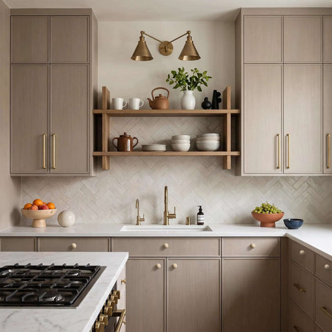 Modern kitchen with light wood cabinets and brass hardware, featuring white backsplash and minimalist decor.