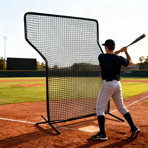 Player using Z Screen Pitching Net 5x7 Ft Portable Baseball Backstop for backyard and field training with strike zone