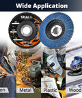 Front view of Shall 4-1/2 in zirconia flap discs; two discs visible, black T29 80-grit and blue flap disc