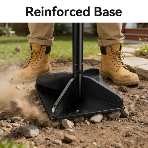 Heavy Duty Steel Garden Tamper With 48 Inch Handle And Rubber Grip for Soil Gravel Asphalt and Lawn in use on gravel surface