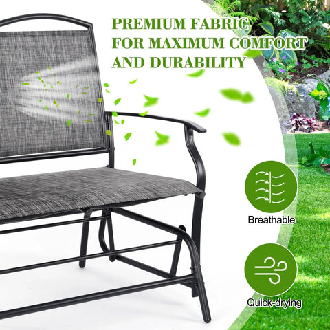 Cozy Two Person Outdoor Glider Bench For Patio Swing And Rocking Loveseat With Powder Coated Steel Frame Black Frame And Heathered Grey Sling Fabric For Backyard Porch Or Garden with breathable and quick-drying fabric