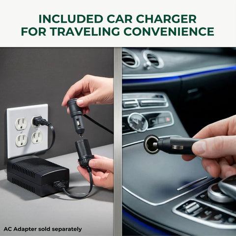 Included car charger for Plug In Electric Portable Cooler And 12V Car Fridge 14 Quart Capacity Soft Sided Travel Bag.
