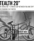 BMX Freestyle Bike 20 Inch And 16 Inch Size For Teens And Kids Street Ready Stunt Bike With Hi Tensile Steel Frame And One Eighth Inch Headset Black White, shown on stairs with measurements for fit.