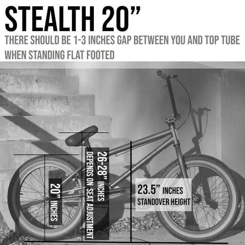 BMX Freestyle Bike 20 Inch And 16 Inch Size For Teens And Kids Street Ready Stunt Bike With Hi Tensile Steel Frame And One Eighth Inch Headset Black White, shown on stairs with measurements for fit.