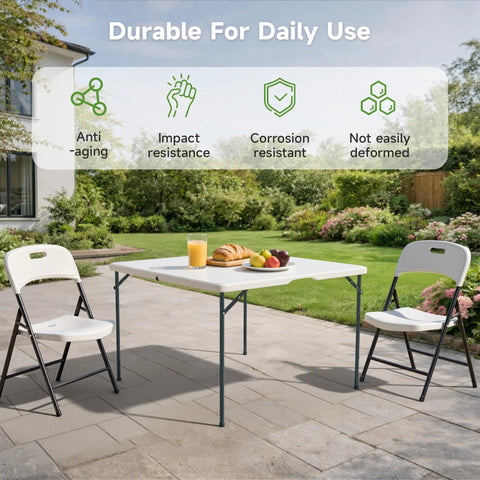Sturdy 3 Ft Square Folding Card Table With Carry Handle set on patio, surrounded by chairs, showcasing durability features.