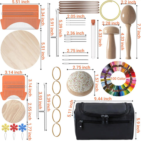 Speedweve Style Darning Loom Kit with 14 and 28 Hook Looms, 9 Needles, 100 Color Threads, Darning Mushroom, Crafting Tools, Bag