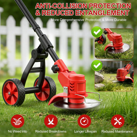 Cordless Weed Wacker With Wheels Electric Trimmer showing anti-collision feature on grass lawn.