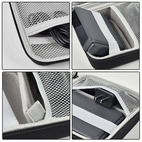 Slick Clutch Hard Shell Case For Travel Routers With Snug Mesh Pocket showing organized portable wifi device and cables.
