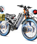 Heavy Duty Dual Motor Electric Bike For Adults With Beast Mode 4000 Watt Throttles And 52 Volt 70 Amp Powerpack Driving 200 Plus Miles full suspension with chunky fat tires and accessories.