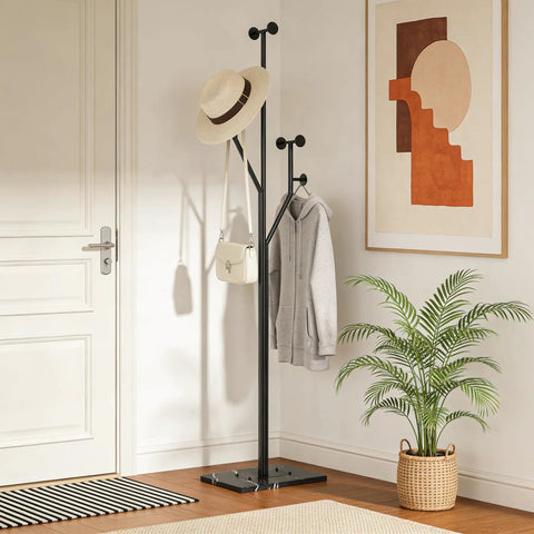 Heavy-Duty Freestanding Coat Rack With Tree-Shaped Metal Design And Marble Base, Corner Clothing Rack, Black, in modern entryway