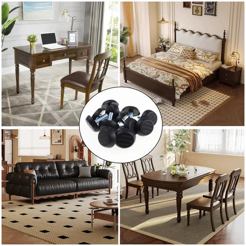 Set Of Twelve Adjustable Furniture Levelers With 1/4 20 Unc Thread Table Feet and Chair Glides to Fix Wobbly Legs in No Sweat Fashion for a Butter Smooth Ride and Zero Wobble Everyday in home settings.