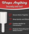 Diagram showing benefits of 2 Pack Heavy Duty Mini Hand Stretch Wrap 5 Inch 1000 Ft Roll 80 Gauge Thick Clear Plastic Film for Moving
