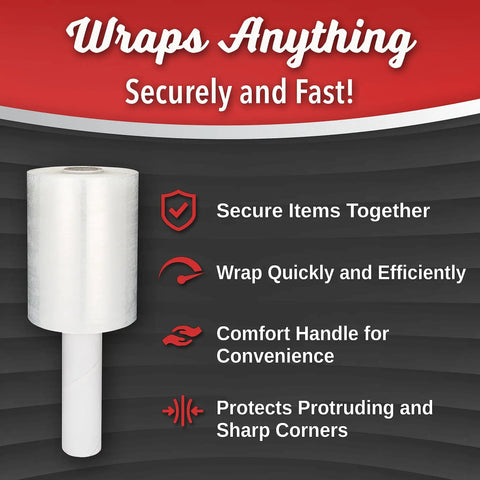 Diagram showing benefits of 2 Pack Heavy Duty Mini Hand Stretch Wrap 5 Inch 1000 Ft Roll 80 Gauge Thick Clear Plastic Film for Moving