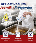 Chef using Frypowder in fryer to enhance oil quality for Heavy Duty Micro Mesh Fryer Oil Filter Bag For Commercial Kitchens Keeps Cooking Oil Clean And Crisp Extra Fine Strainer Saves Cash Pulls Fine Grit Quick Super Reusable Kitchen Essential Pro Hack.