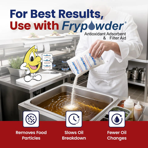 Chef using Frypowder in fryer to enhance oil quality for Heavy Duty Micro Mesh Fryer Oil Filter Bag For Commercial Kitchens Keeps Cooking Oil Clean And Crisp Extra Fine Strainer Saves Cash Pulls Fine Grit Quick Super Reusable Kitchen Essential Pro Hack.