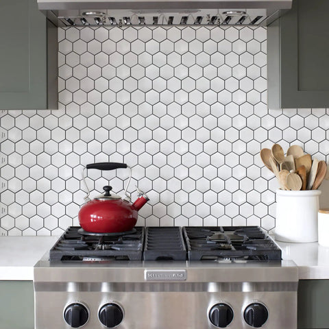 Kitchen backsplash with Hexagon Peel And Stick Tile Backsplash 12x12 Inch 3D Realistic Look Self Adhesive Kitchen Wall Bathroom Laundry Room 40 Percent More Coverage Easy Update With PVC And PU Glue.