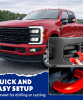 Red Silicone Front Tow Hook Covers For Ford Super Duty F250 F350 F450 2017-2026, flush fit design shown with installation view