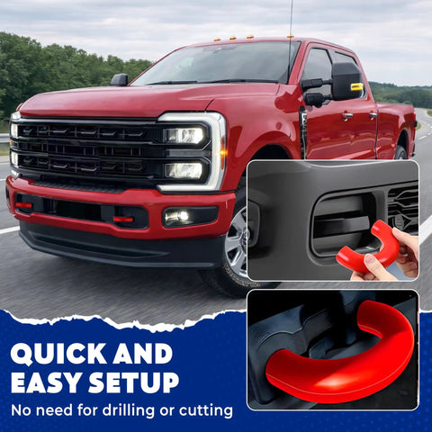 Red Silicone Front Tow Hook Covers For Ford Super Duty F250 F350 F450 2017-2026, flush fit design shown with installation view