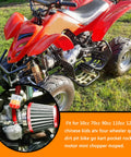 Red ATV with circular inset showing PZ19 Carburetor Kit with Air Filter, Fuel Line and Petcock for 50cc to 125cc ATVs.