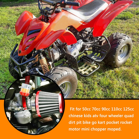 Red ATV with circular inset showing PZ19 Carburetor Kit with Air Filter, Fuel Line and Petcock for 50cc to 125cc ATVs.