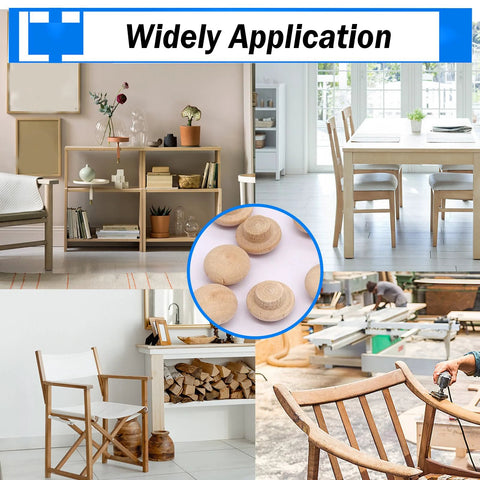 150 Piece Wood Plugs Assortment Kit With Four Sizes 3/16 Inch 5/16 Inch 3/8 Inch And 1/2 Inch For Holes In Furniture Tables Chairs Cabinets And Outdoor Equipment Made From Premium Schima Wood, shown in various furniture applications.
