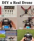 F450 DIY Drone Kit For Beginners And Pros with assembly guide, showing frame, Pixhawk, GPS, transmitter setup, calibration, flight control.