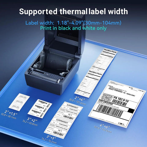 Built Like A Tank Thermal Shipping Label Printer Smashes Out Your 4x6 Labels At Six Ips With This Plug And Play Usb Device; showing supported label sizes.
