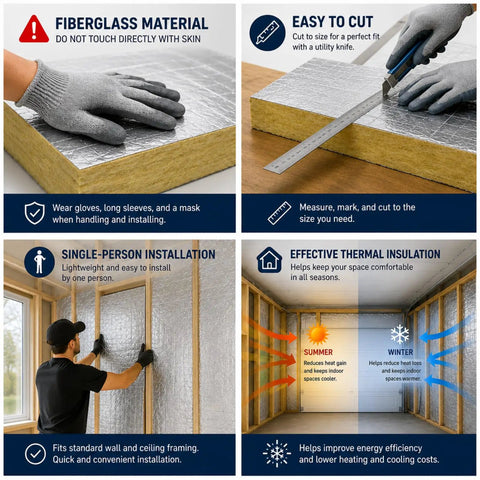 Top Notch Mineral Wool Acoustic Insulation Panels With Heavy Duty Aluminum Foil Backing Sound Dampening Heat Barrier Knock Out Noise And Block Drafts In Garages Or Sheds 24x24x1.6 Inch 4 Pack installed with fiberglass and cutting process shown.