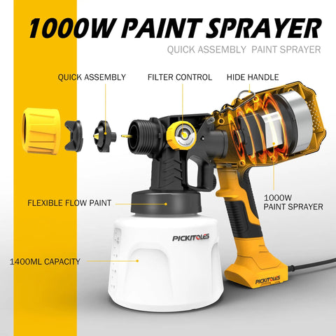 Top Tier 1000W HVLP Electric Paint Sprayer With Beast Mode Motor And Six Interchangeable Nozzles for easy assembly and flexible flow.