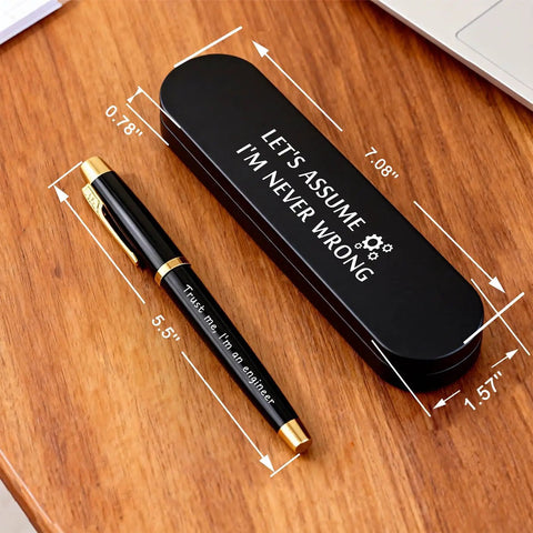 Funny Engineer Gifts For Men And Women Engraved Gel Pen Gift Set For Mechanical Engineers with black pen and case on wooden table.
