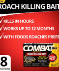 Heavy Duty Roach Killer Bait Traps Designed To Wipe Out Small Roach Nests Fast And Gut The Colony From The Inside While Shielding Your House For 12 Months With Residual Action That Kicks Creepy Crawlers To The Curb And Includes 18 Count Pack in a red background.