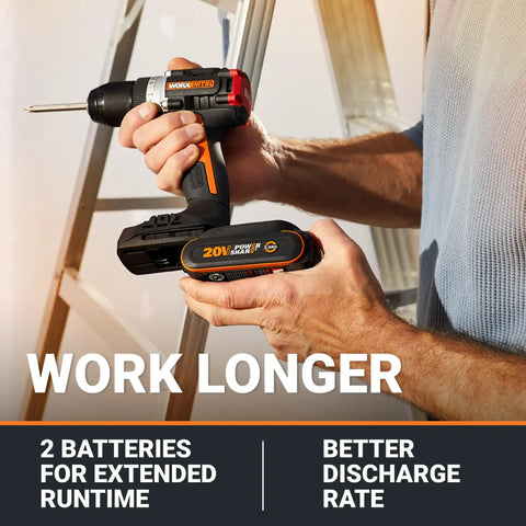 Person using Nitro 20V Cordless Drill Driver Workhorse with 1/2 inch chuck showing battery placement on a ladder worksite