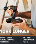 Person using Nitro 20V Cordless Half Inch Drill Driver With Brushless Motor, Power Share Compatible WX130L Kit, on ladder.