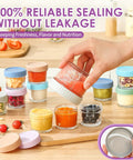 Glass Baby Food Storage Jars 4 Oz 12 Pack With Color Lids Totally Leak Proof BPA Free Reusable Baby Food Containers displayed filled with food.