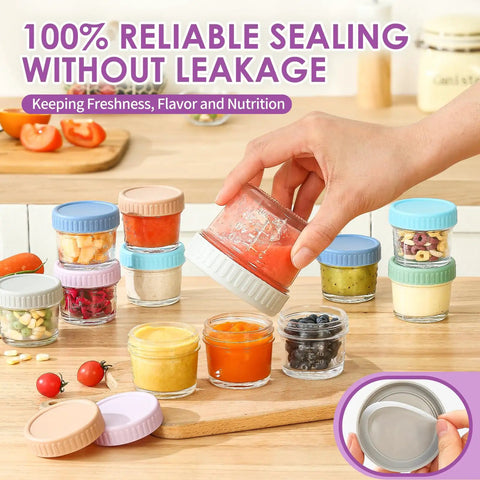 Glass Baby Food Storage Jars 4 Oz 12 Pack With Color Lids Totally Leak Proof BPA Free Reusable Baby Food Containers displayed filled with food.