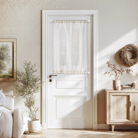 Adhesive Curtain Rods No Drill Two Pack Telescopic 16 To 27 Inches White on door with sheer curtains, damage-free install